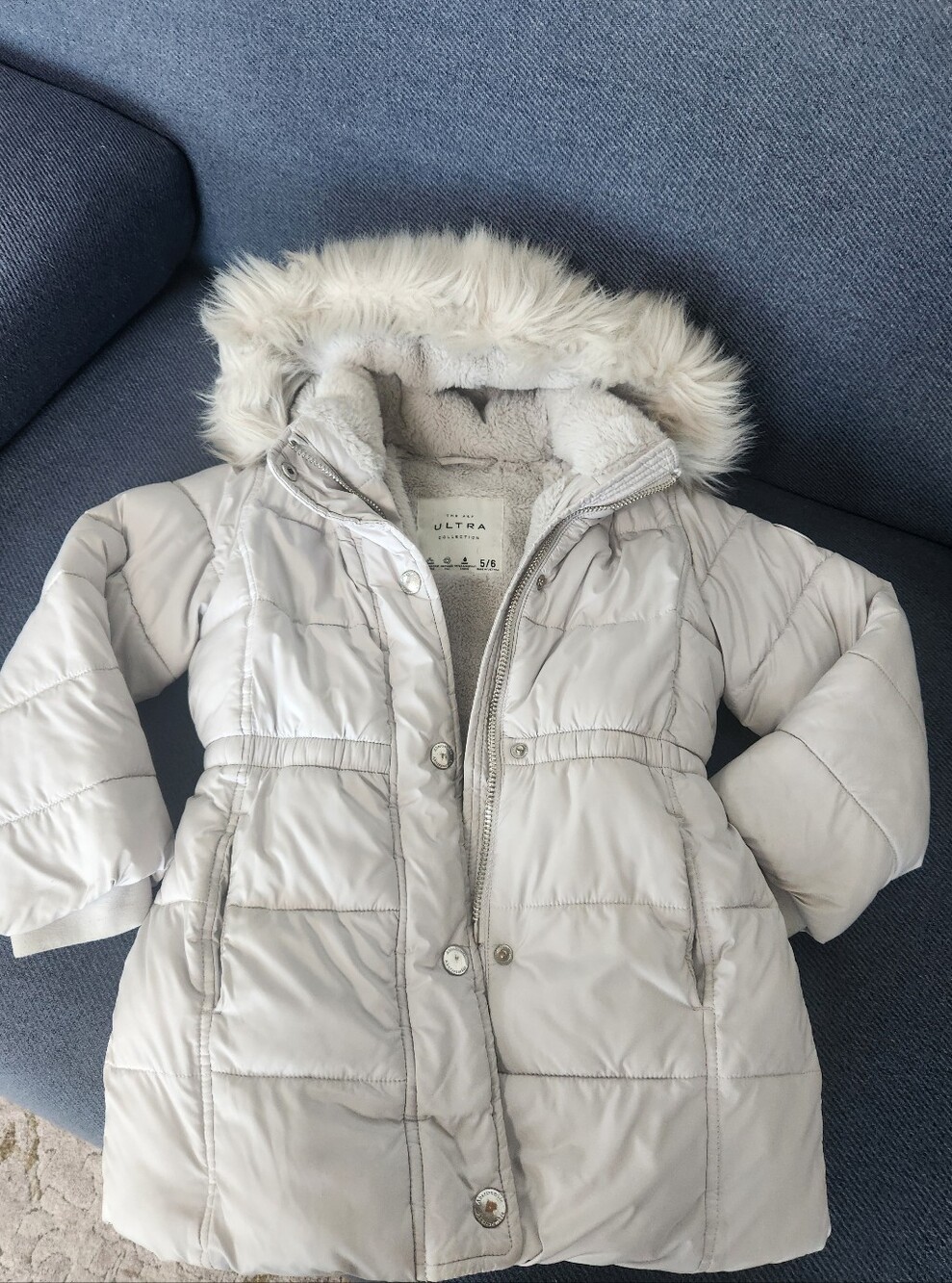 Abercrombie & Fitch Kids Light Gray Hooded Puffer Coat with Faux Fur Trim